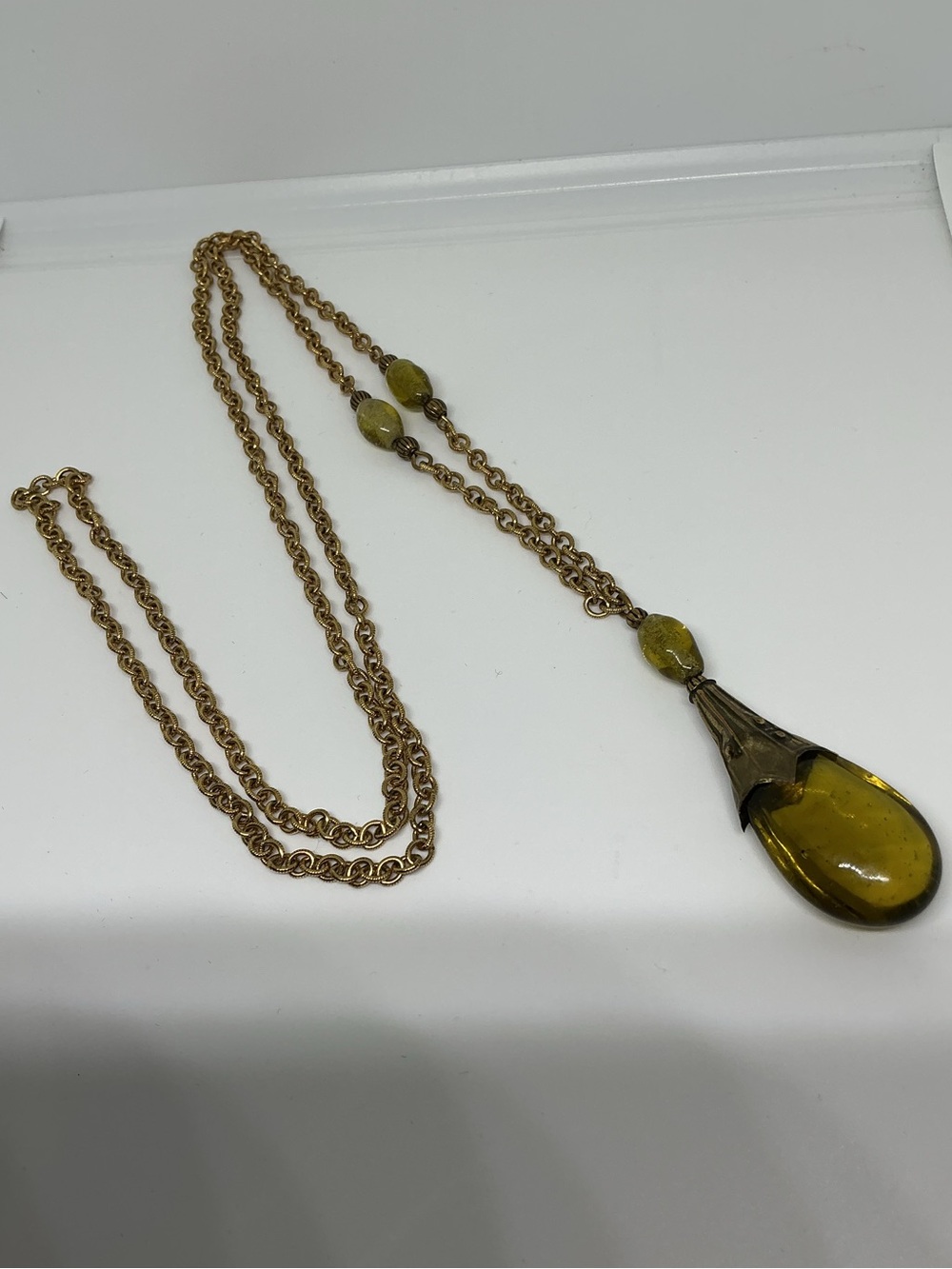 Antique Art Nouveau Lavaliere Pendant Necklace Olive Green Czech Art Glass - Picture 3 of 11